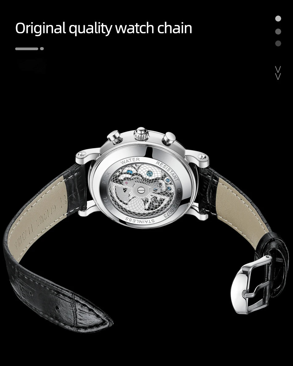 Watches For Men Leather Sweeping Second See-through Quartz Movement Waterproof Moon Phase Chronograph Wristwatch Men's Watch