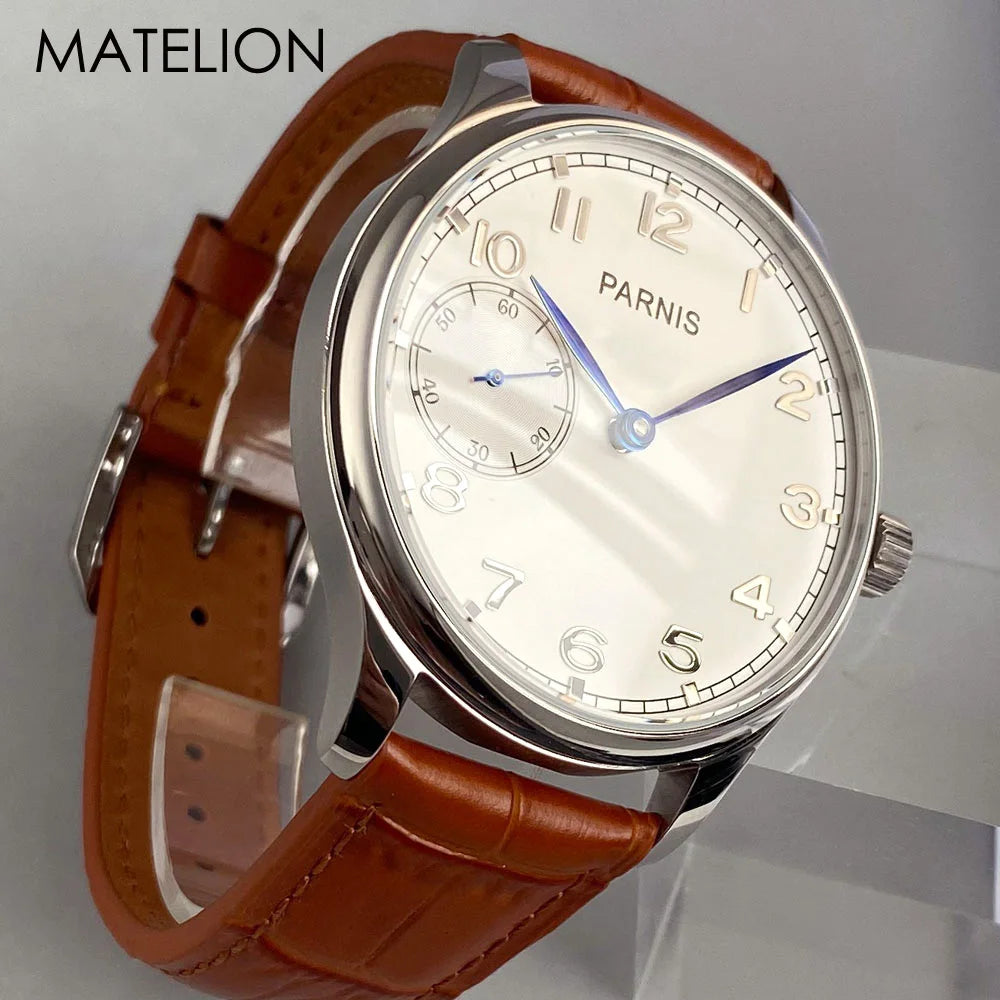 Retro Watch for Men Asia 6497 Hand Winding Movement Black White Mechanical Manual Winding Mineral Crystal 44mm Transparent Back