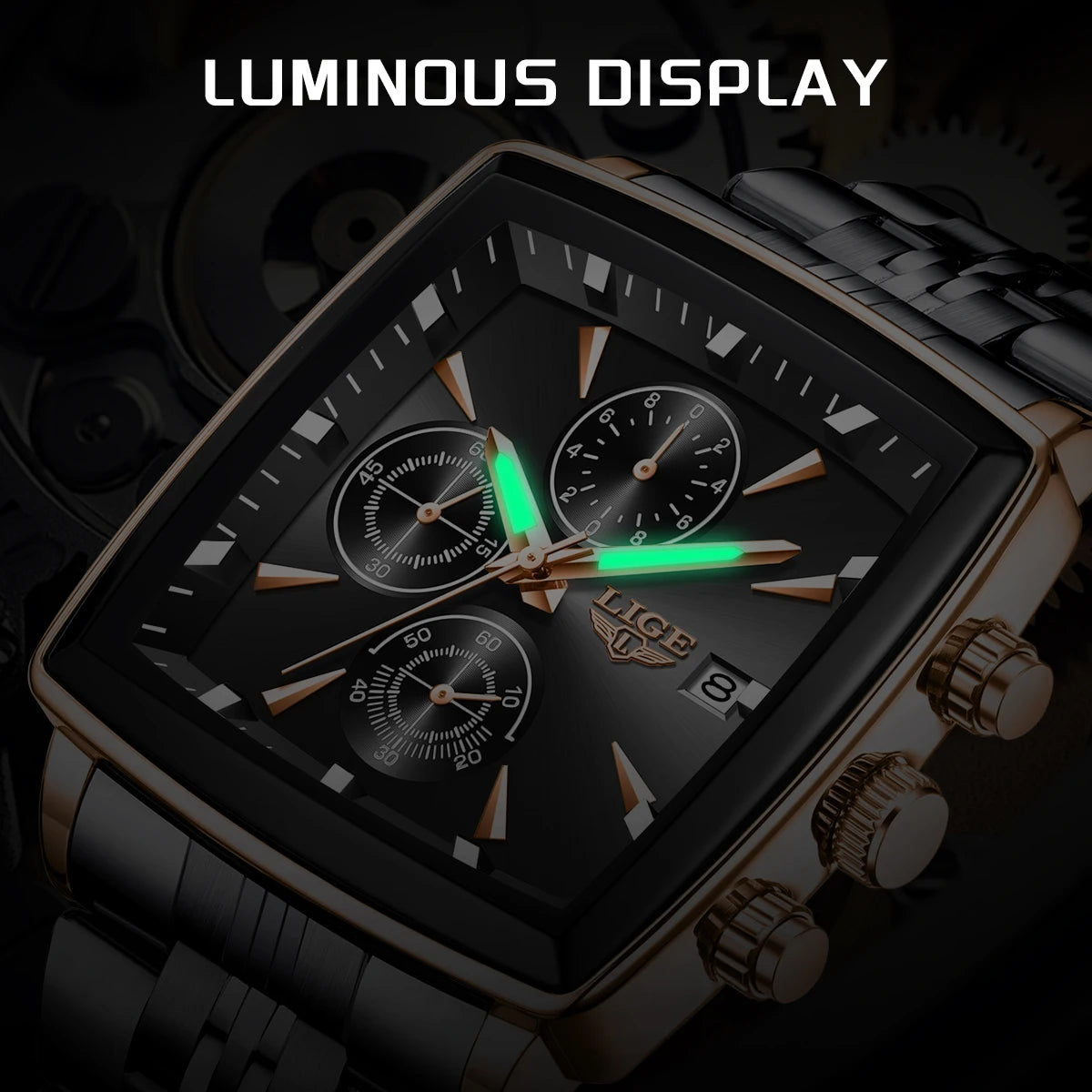 LIGE Fashion Luxury  Watches for Men Square Dial Stainless Steel Waterproof Luminous Auto Date Chronograph Quartz Man Watch+Box