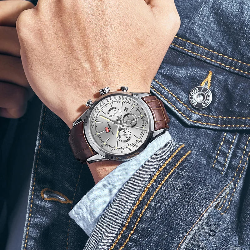 Top Brand Men's Leather Watch Luxury Quartz Watch Casual Business Sport Waterproof Chronograph Wristwatch with Date Display