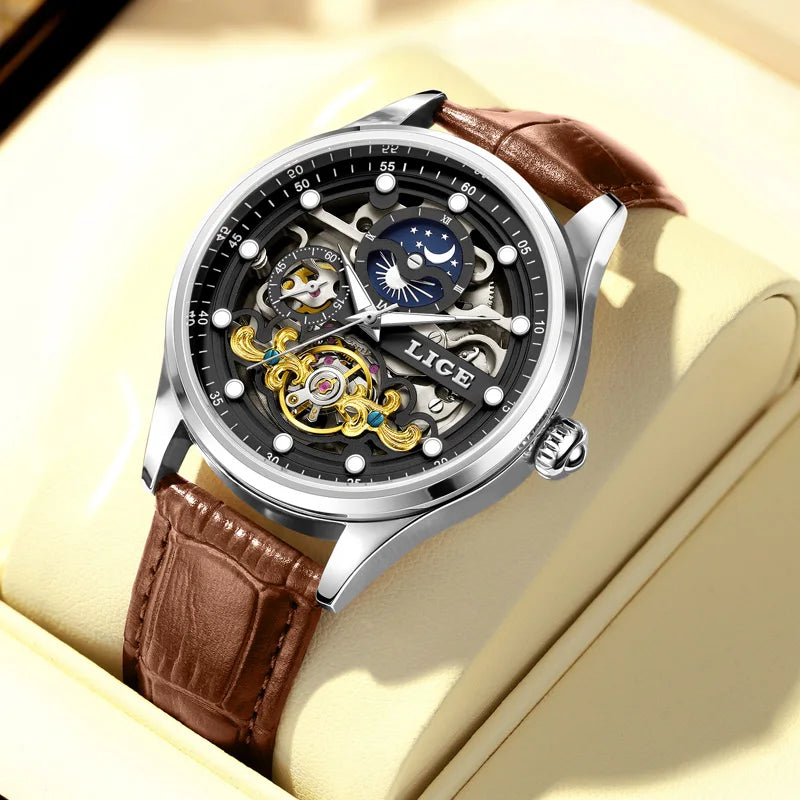 Reloj Hombre Watches Mens LIGE Top Brand Luxury Skeleton Tourbillon Automatic Mechanical Watch for Men Waterproof+Watch Box