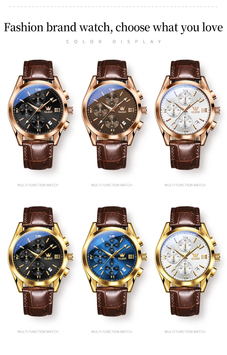 OLEVS Mens Watches Top Brand Luxury Chronograph Quartz Watch Men Sport Leather Waterproof Luminous Date Business Wristwatch Male
