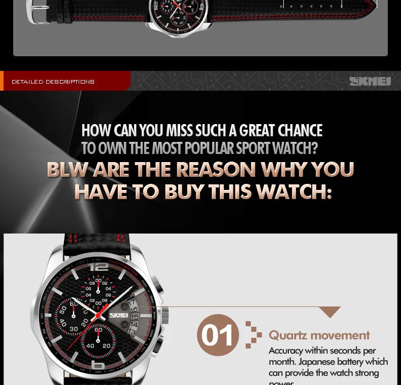 Skmei Top Brand Luxury Leather Strap 5Bar Waterproof Quartz Wristwatches Relogio Masculino Fashion Sport Mens Watches 9106