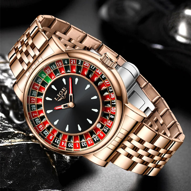 LIGE Men Watch Top Brand Luxury Arabic Numerals Rotating Dial Roulette Quartz Watches For Men Waterproof Luminous Man Wristwatch