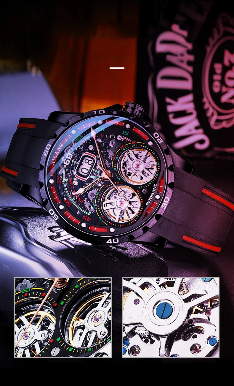 Luxury Sports Double Tourbillon Watches for Men Fashion Calendar Mechanical Watch Waterproof Luminous Clock Mens