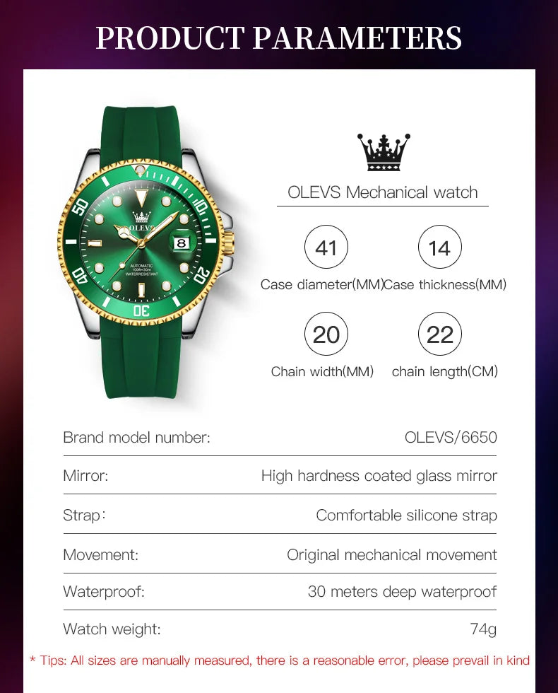OLEVS 6650 Luxury Automatic Watch Men Rotary Lap Mechanical Movement Waterproof Sports Top Brand Stainless Steel Wristwatch