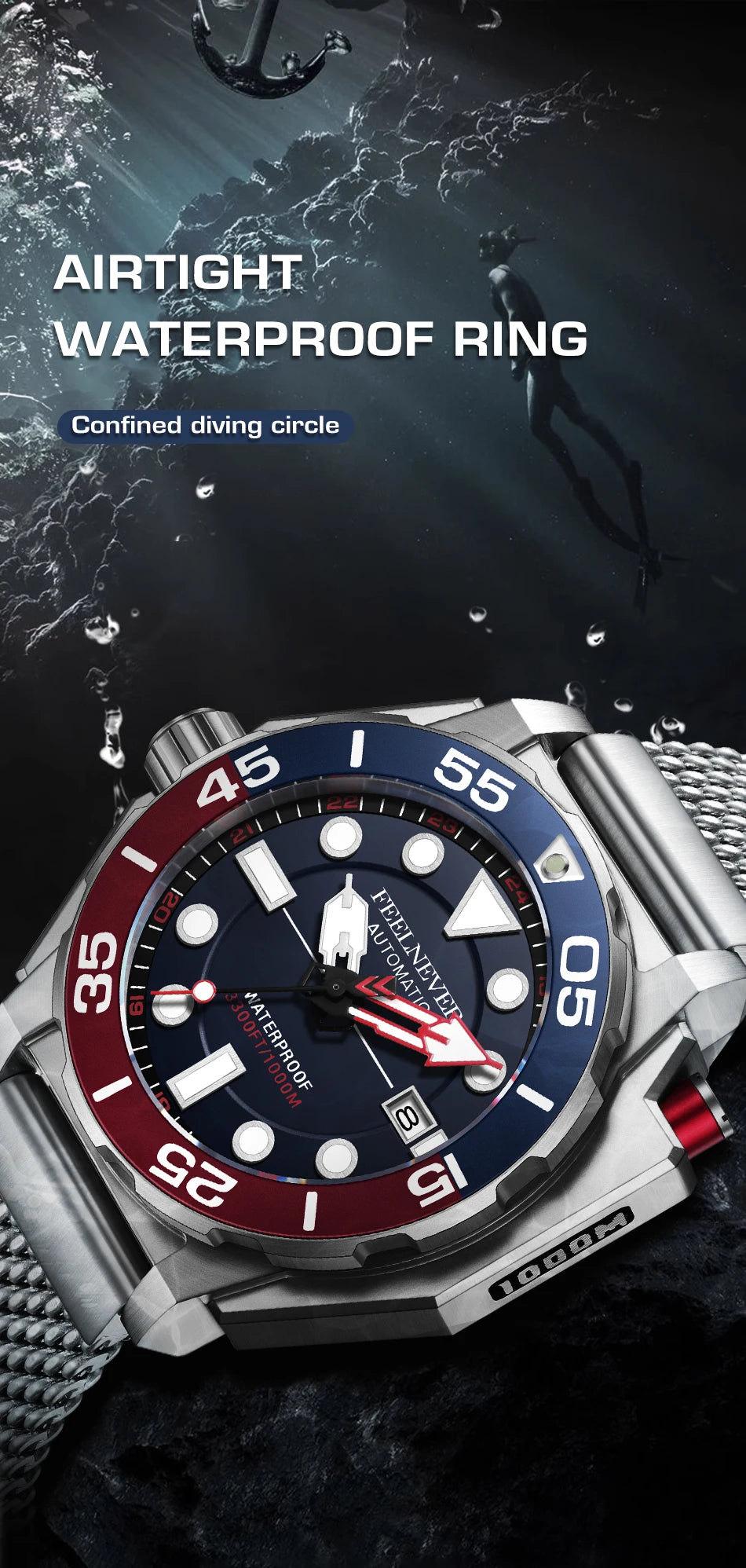 LIGE Top brand luxury watches mens automatic mechanical watch luminous large dial 1000M Gift waterproof relogios masculino+BOX