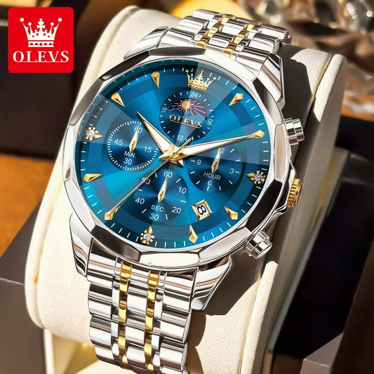 OLEVS Hot Sale Men's Watches Original Brand Quartz Watch Rhombus Mirror Waterproof Luminous Chronograph Moon Phase Watches 3673