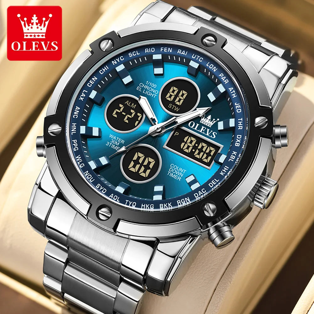 OLEVS 2024 New Mens Watches Top Brand Luxury Sport Digital Quartz Wristwatch For Men All Steel Military Waterproof Clock+Box