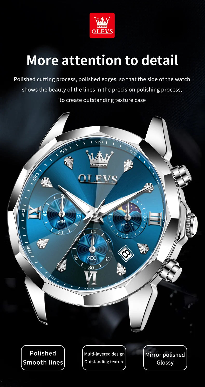 OLEVS 3670 Men's Watches Solid Steel Strap Rhombus Mirror 24Hour Moon Phase Waterproof Luminous Chronograph Quartz Watch for Men