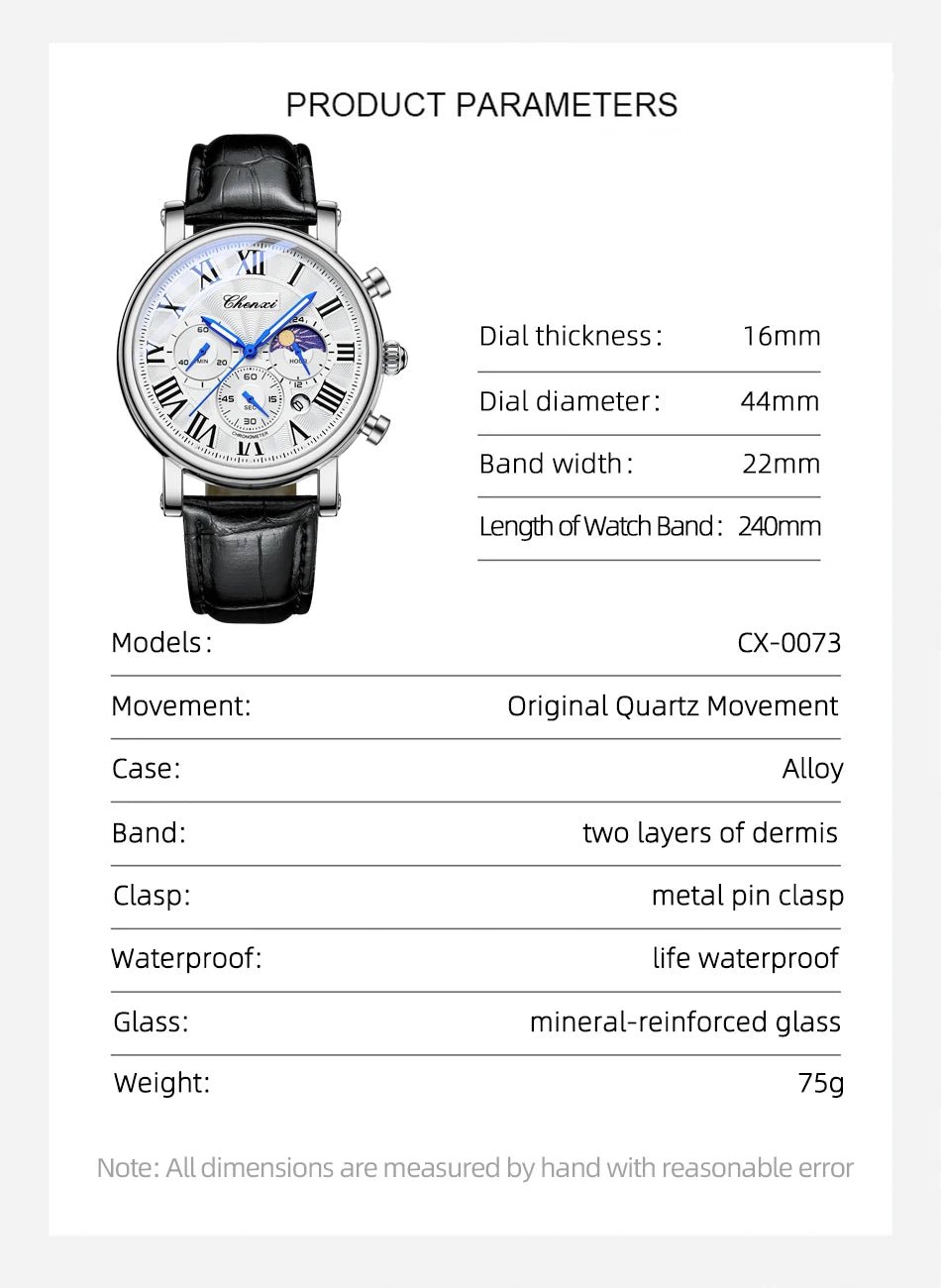 Watches For Men Leather Sweeping Second See-through Quartz Movement Waterproof Moon Phase Chronograph Wristwatch Men's Watch