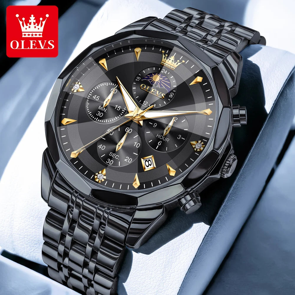 OLEVS Hot Sale Men's Watches Original Brand Quartz Watch Rhombus Mirror Waterproof Luminous Chronograph Moon Phase Watches 3673