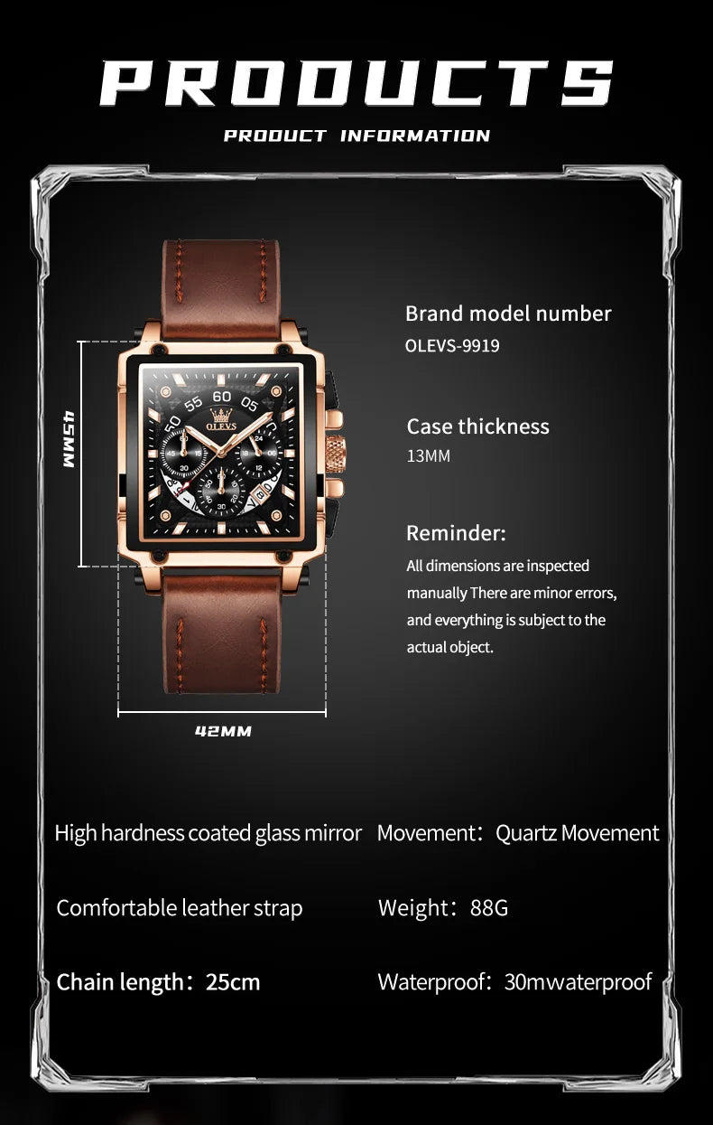 OLEVS 9919 Men Watch Fashion Square Dial Leather Strap Chronograph Waterproof Sports Clock Luxury Original Quartz Wristwatch Man