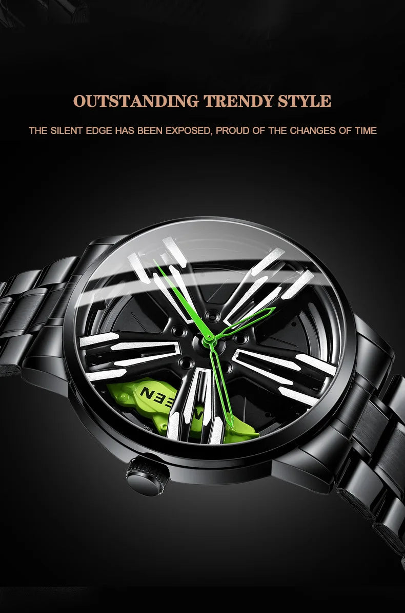 2025 New Racing Watches Men Custom Design Super Car Rim Watch Stainless Steel Black Retro Waterproof Watch Relogio Masculino
