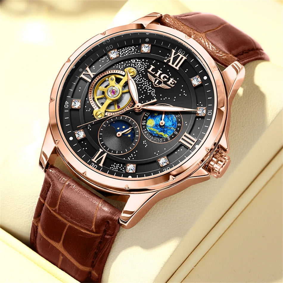 LIGE Top Luxury Mechanical Watches Men Fashion Diamonds Automatic Mens Watch 30M Waterproof Luminous Wristwatch Male Reloj 2026