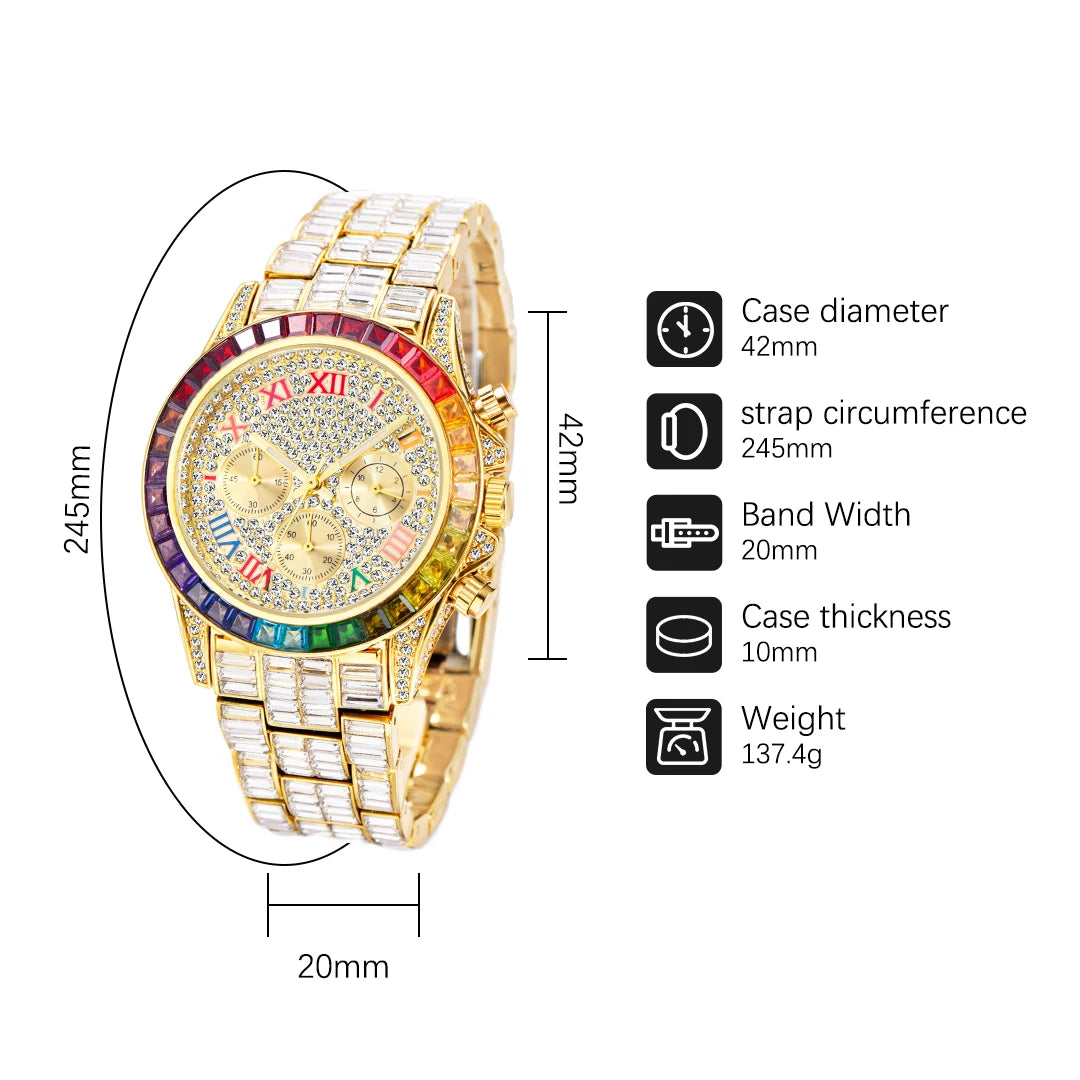 Chronograph Men Quartz Watches Waterproof Rainbow Diamond Luxury Iced Out Watches For Men Gift Dropshipping uhren für herren