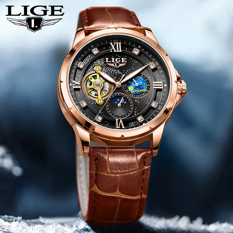 LIGE Top Luxury Mechanical Watches Men Fashion Diamonds Automatic Mens Watch 30M Waterproof Luminous Wristwatch Male Reloj 2026