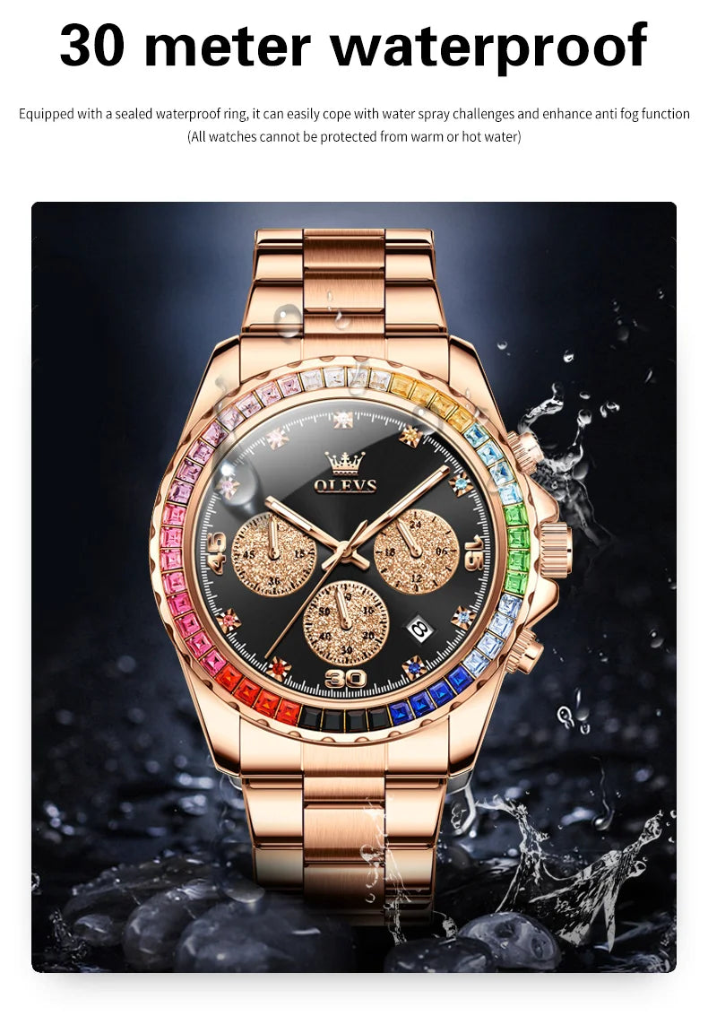 Watches For Men OLEVS Original Rainbow Gem Light Rose Gold Luxury Series Quartz Watch Waterproof Steel Strap Men's Watch New