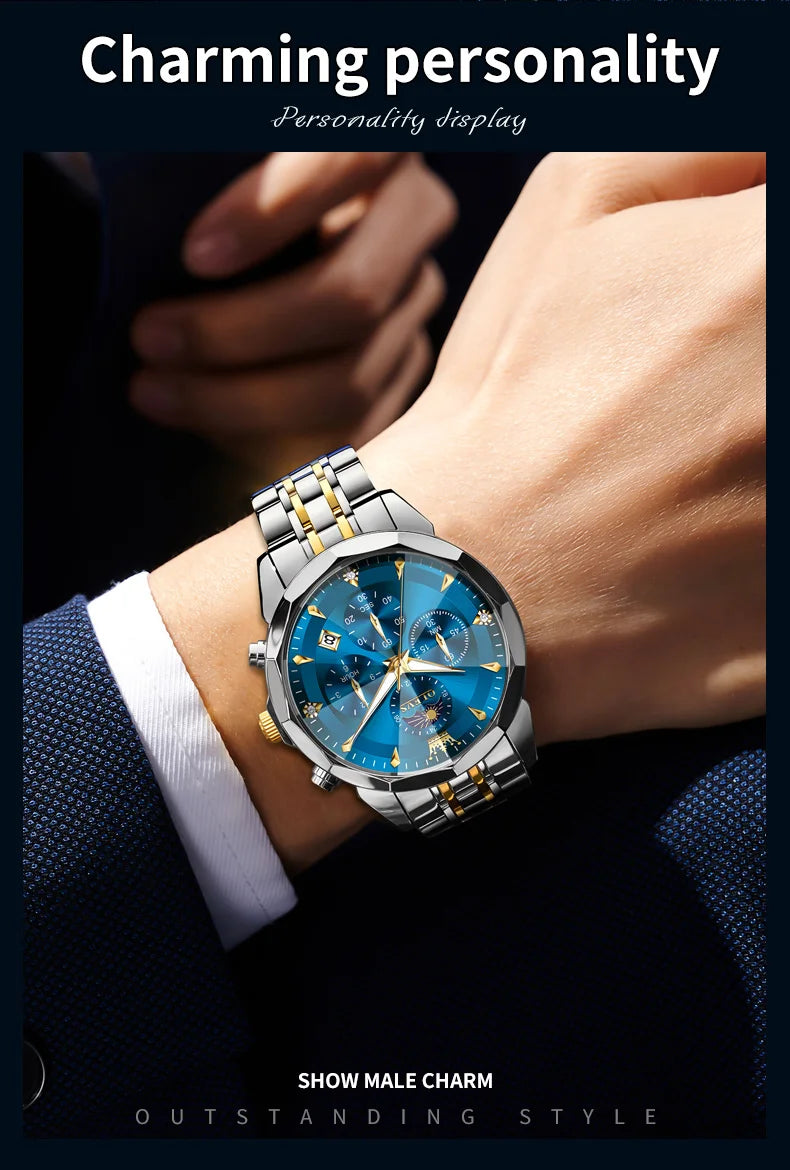 OLEVS Hot Sale Men's Watches Original Brand Quartz Watch Rhombus Mirror Waterproof Luminous Chronograph Moon Phase Watches 3673