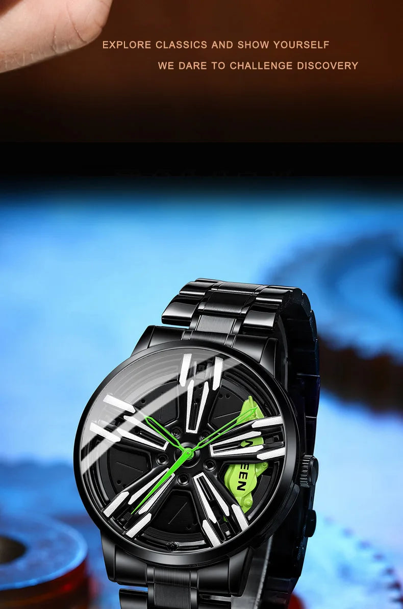 2025 New Racing Watches Men Custom Design Super Car Rim Watch Stainless Steel Black Retro Waterproof Watch Relogio Masculino
