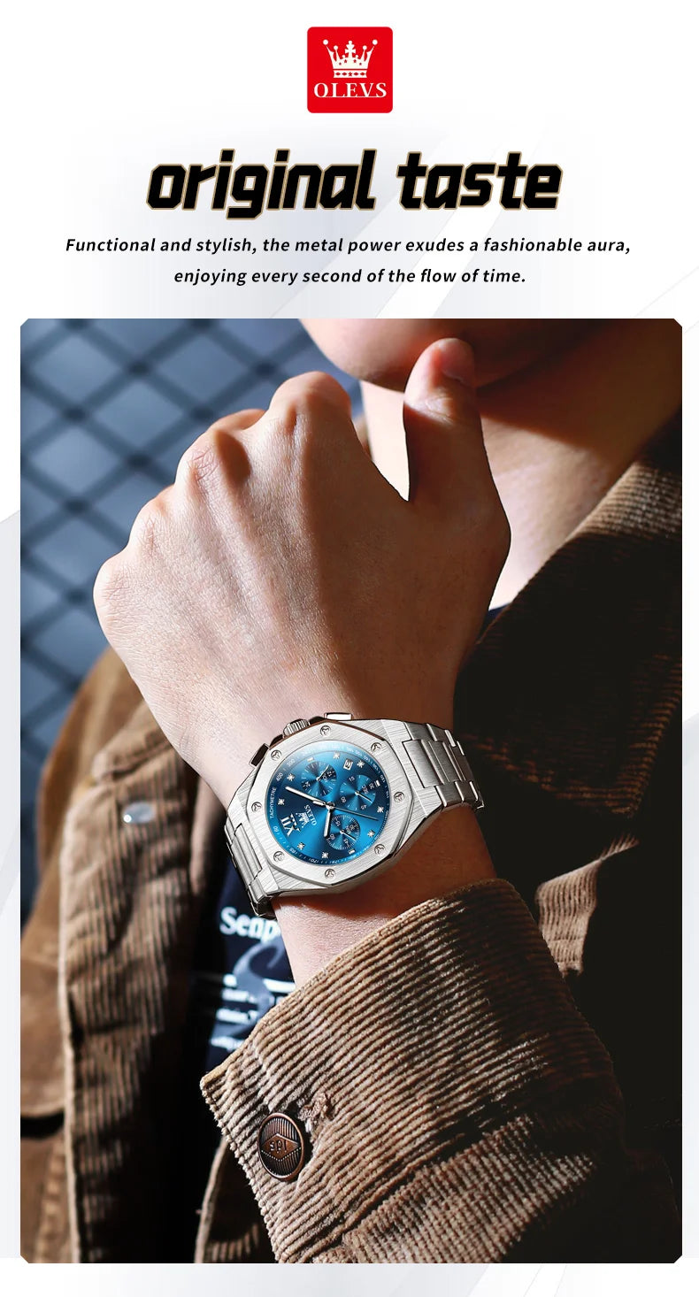 OLEVS Men's Watches Classic Luxury Top Brand Fine Steel Original Quartz Wristwatch for Man Waterproof Luminous Date Chronograph