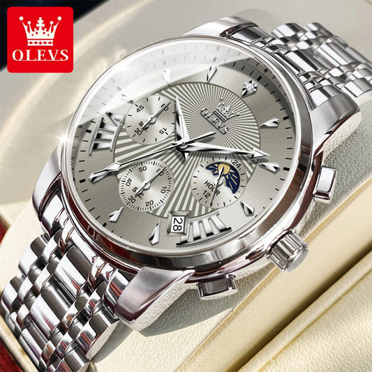 OLEVS Men's Watches 2892 Luxury Business Original Top Brand Quartz Watch for Man Waterproof Moon Phase Date Chronograph Luminous