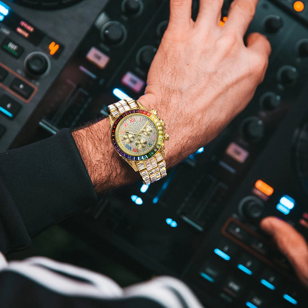 Chronograph Men Quartz Watches Waterproof Rainbow Diamond Luxury Iced Out Watches For Men Gift Dropshipping uhren für herren