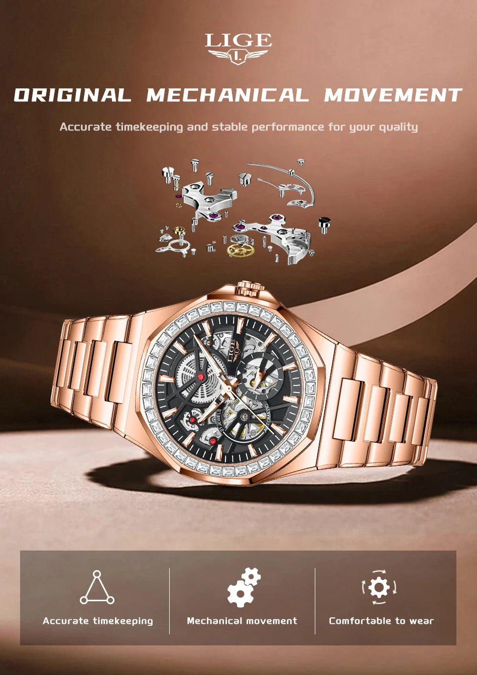 LIGE New Luxury Rose Gold Waterproof Watches For Men Casual Business Watch Men Luminous Automatic Men's Mechanical Wristwatch