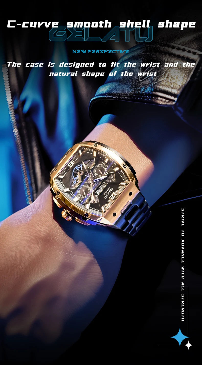 Reloj Hombre Watches Mens GELATU Top Brand Luxury Rose Black Skeleton Tourbillon Automatic Mechanical Watch for Men Waterproof