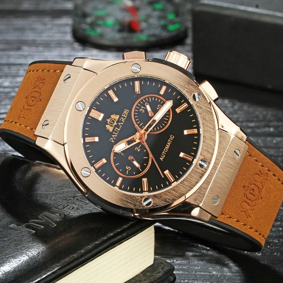 Automatic Watches for Men Mechanical Movement Rose Gold Silver Black Case White Rubber Casual Sports Geneve Watch