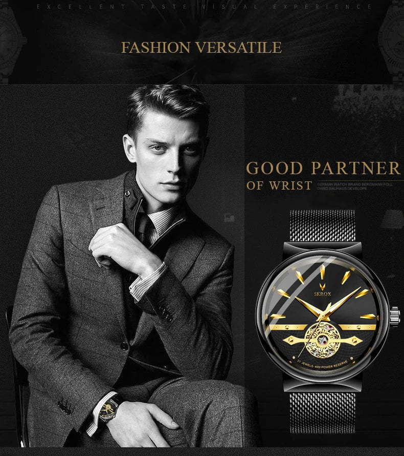 2025 SKROX Original High-End Luxury Elegant Automatic Movement Clockwork Thin Man Watch Mechanical Waterproof Male Wrist Watches