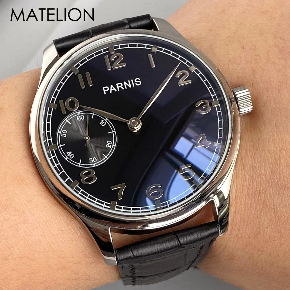 Retro Watch for Men Asia 6497 Hand Winding Movement Black White Mechanical Manual Winding Mineral Crystal 44mm Transparent Back