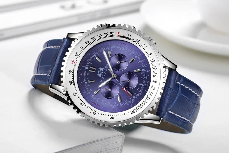 Automatic Watch for Men Mechanical Stainless Steel Black Brown Blue Leather Strap Sports Big 50mm Reloj Hombre Baratos