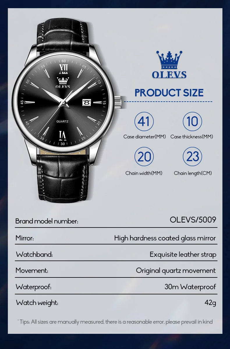 OLEVS Luxury Business Quartz Watches for Men Leather Strap Original Casual Waterproof Man Watch High Quality Men's Wrist Watches
