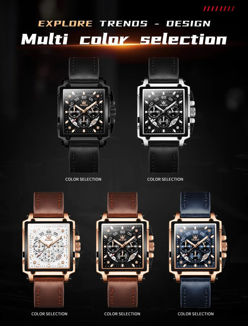OLEVS 9919 Men Watch Fashion Square Dial Leather Strap Chronograph Waterproof Sports Clock Luxury Original Quartz Wristwatch Man