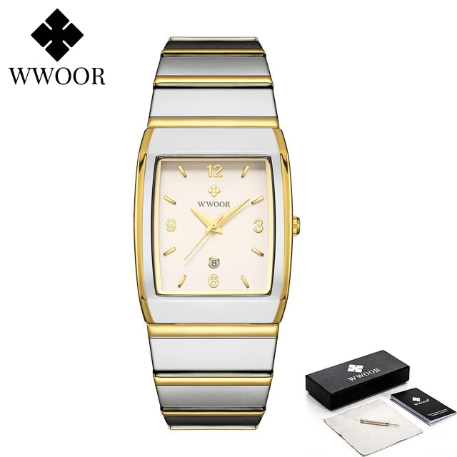 Relogio Masculino WWOOR New Man's Square Watch For Men with Automatic Date Luxury Stainless Steel Gold Mens Quartz Wrist Watches