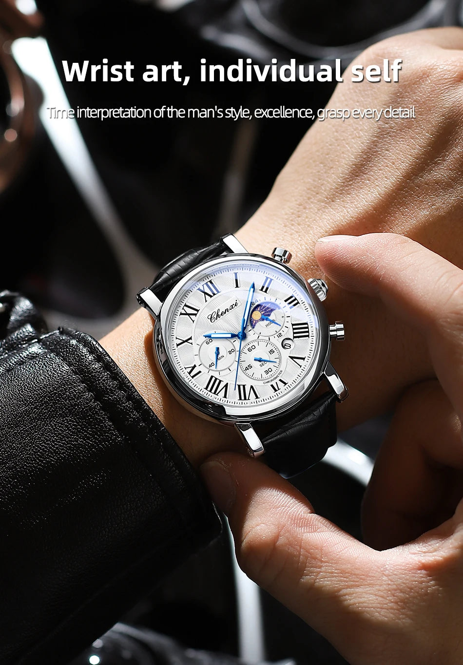 Watches For Men Leather Sweeping Second See-through Quartz Movement Waterproof Moon Phase Chronograph Wristwatch Men's Watch