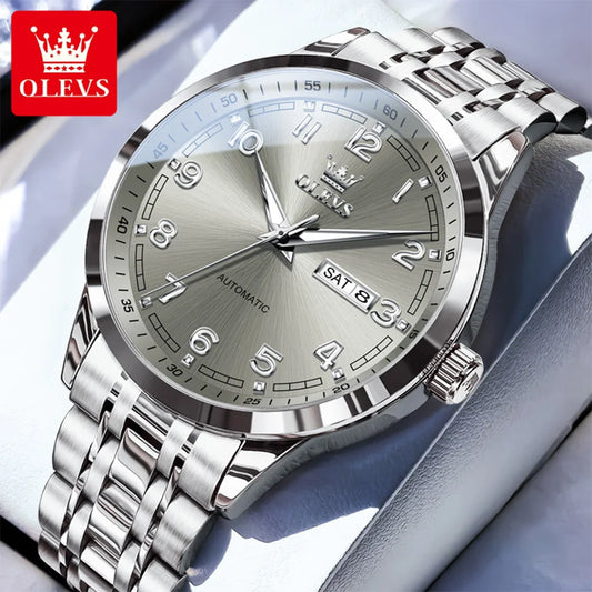 OLEVS Luxury Watch For Men automatic mechanical Wristwatches Classic Men Watch Waterproof Gray Dial Luxury Brand Date Week 7077