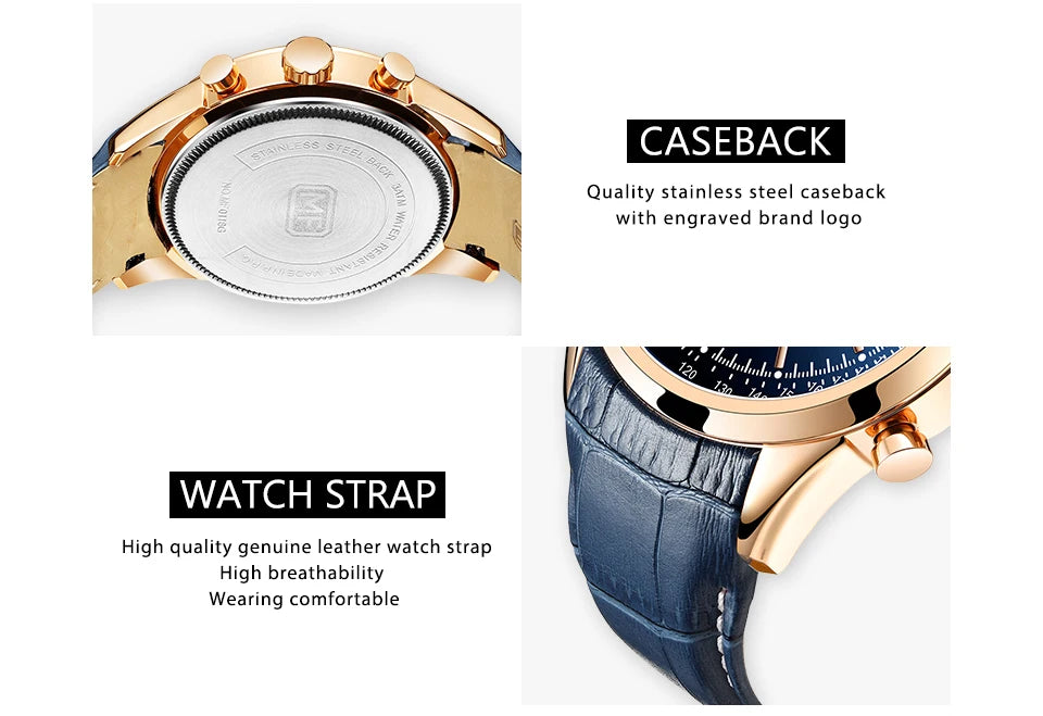 Top Brand Men's Leather Watch Luxury Quartz Watch Casual Business Sport Waterproof Chronograph Wristwatch with Date Display