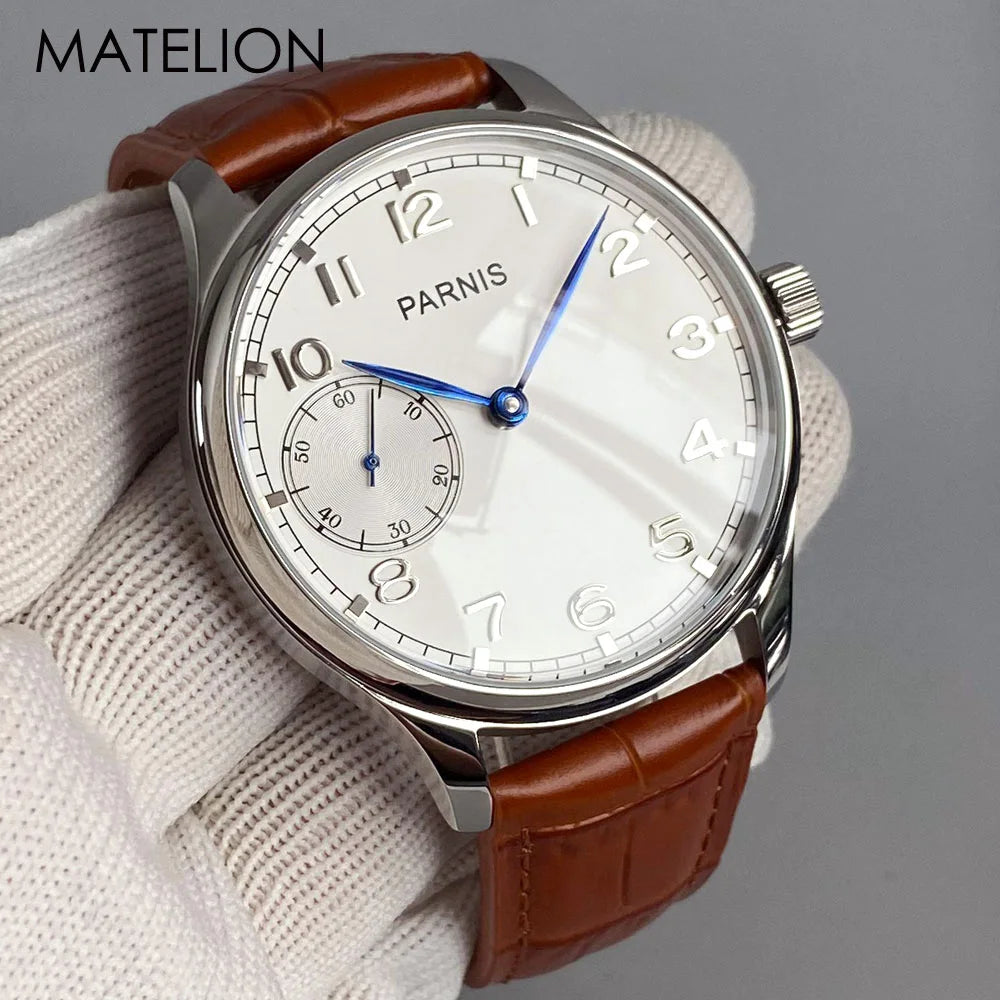 Retro Watch for Men Asia 6497 Hand Winding Movement Black White Mechanical Manual Winding Mineral Crystal 44mm Transparent Back