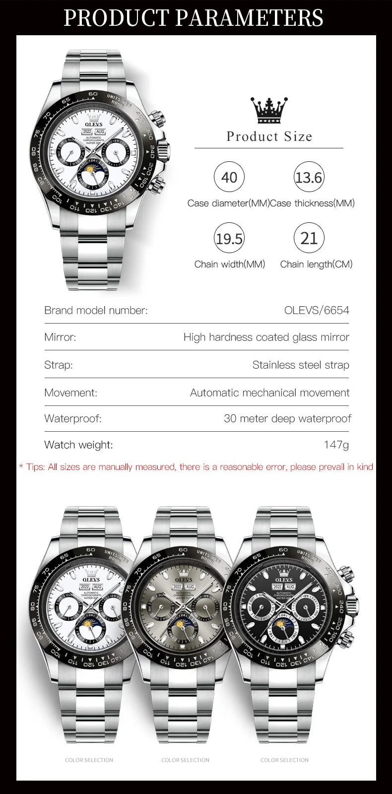 OLEVS 6654 Mens Watch Chronograph Automatic Mechanical Wristwatch Light Luxury Waterproof Luminous Function Brand Watch for Man