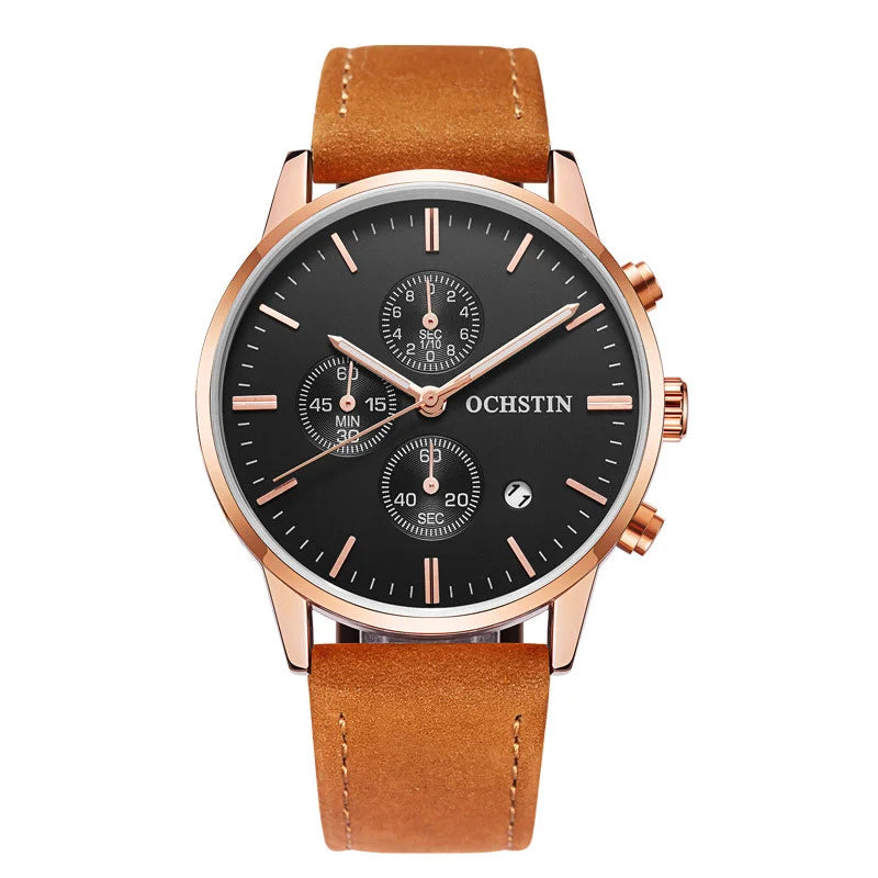 Quartz Watch for Man Multifunctional Chronography Series with 42mm Dial and 10mm Thickness Leather Strap Waterproof 3ATM