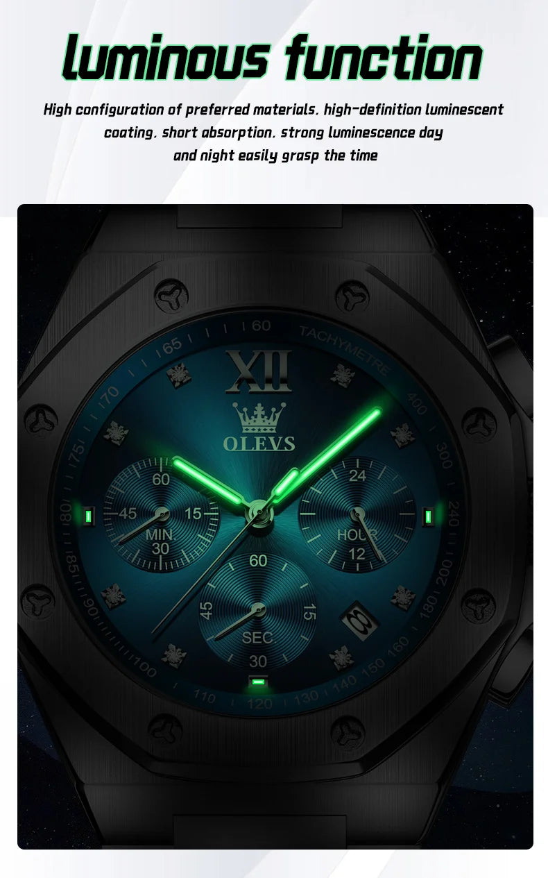 OLEVS Men's Watches Classic Luxury Top Brand Fine Steel Original Quartz Wristwatch for Man Waterproof Luminous Date Chronograph