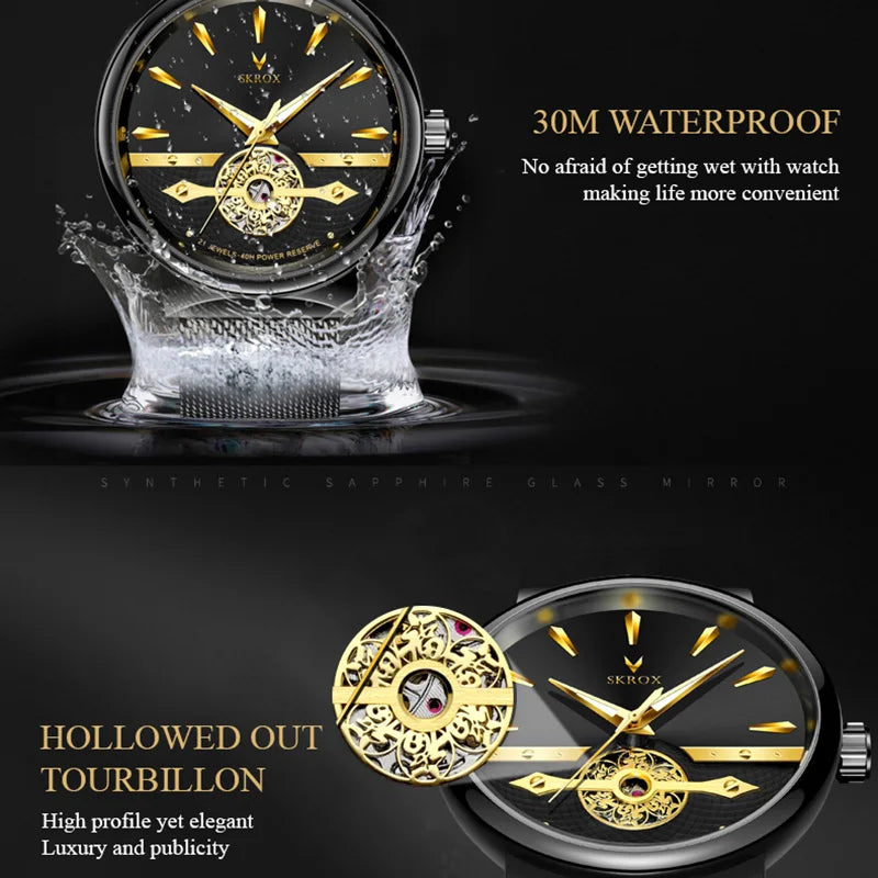 2025 SKROX Original High-End Luxury Elegant Automatic Movement Clockwork Thin Man Watch Mechanical Waterproof Male Wrist Watches