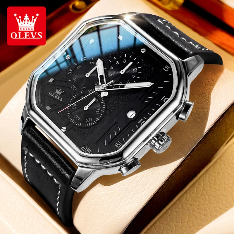 OLEVS 9950 Watches for Men Quartz Chronograph Leather Fashion Dress Watch Date Waterproof Luminous Casual Square Man Wristwatch