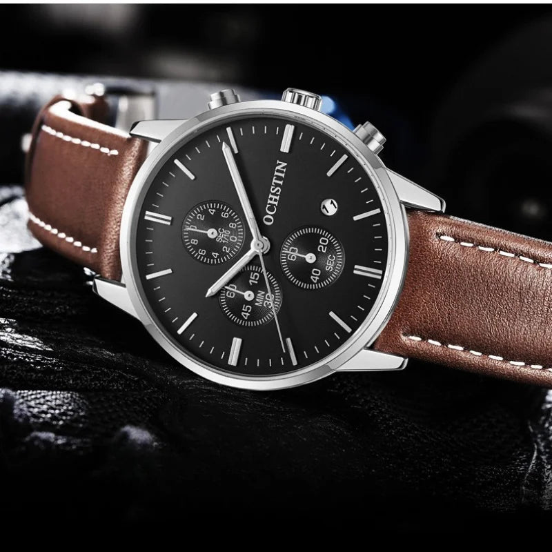 Quartz Watch for Man Multifunctional Chronography Series with 42mm Dial and 10mm Thickness Leather Strap Waterproof 3ATM