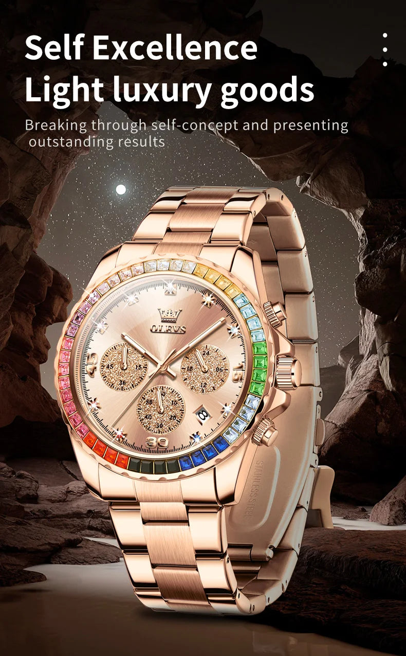 Watches For Men OLEVS Original Rainbow Gem Light Rose Gold Luxury Series Quartz Watch Waterproof Steel Strap Men's Watch New