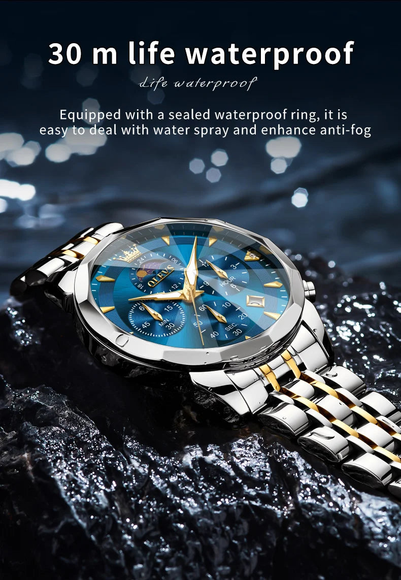 OLEVS Hot Sale Men's Watches Original Brand Quartz Watch Rhombus Mirror Waterproof Luminous Chronograph Moon Phase Watches 3673