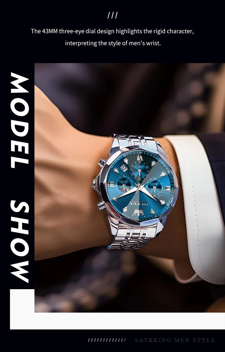 OLEVS 3670 Men's Watches Solid Steel Strap Rhombus Mirror 24Hour Moon Phase Waterproof Luminous Chronograph Quartz Watch for Men
