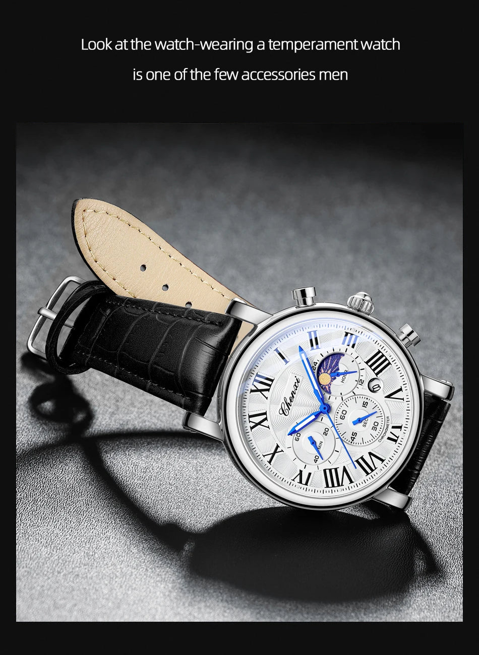 Watches For Men Leather Sweeping Second See-through Quartz Movement Waterproof Moon Phase Chronograph Wristwatch Men's Watch